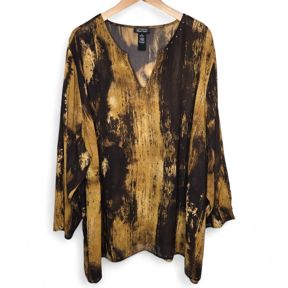 Catherines Black Label Studded V Neck Blouse Women's Abstract Pattern 4X 30/32W